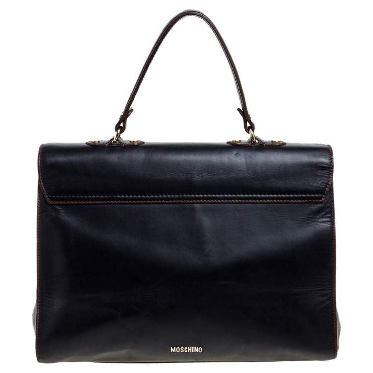 Pre Owned Moschino Black Leather Heart Buckle Double Flap Top Handle Bag