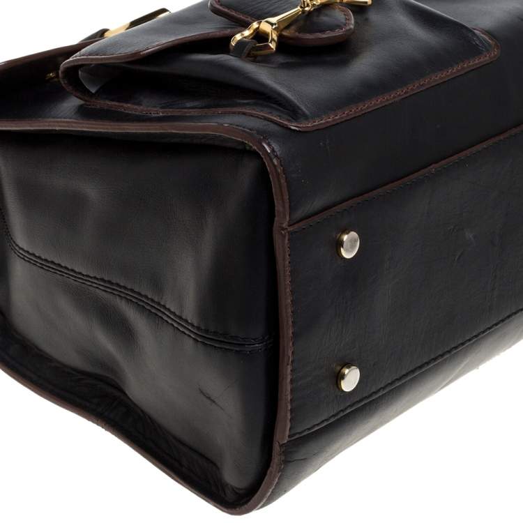 Pre Owned Moschino Black Leather Heart Buckle Double Flap Top Handle Bag
