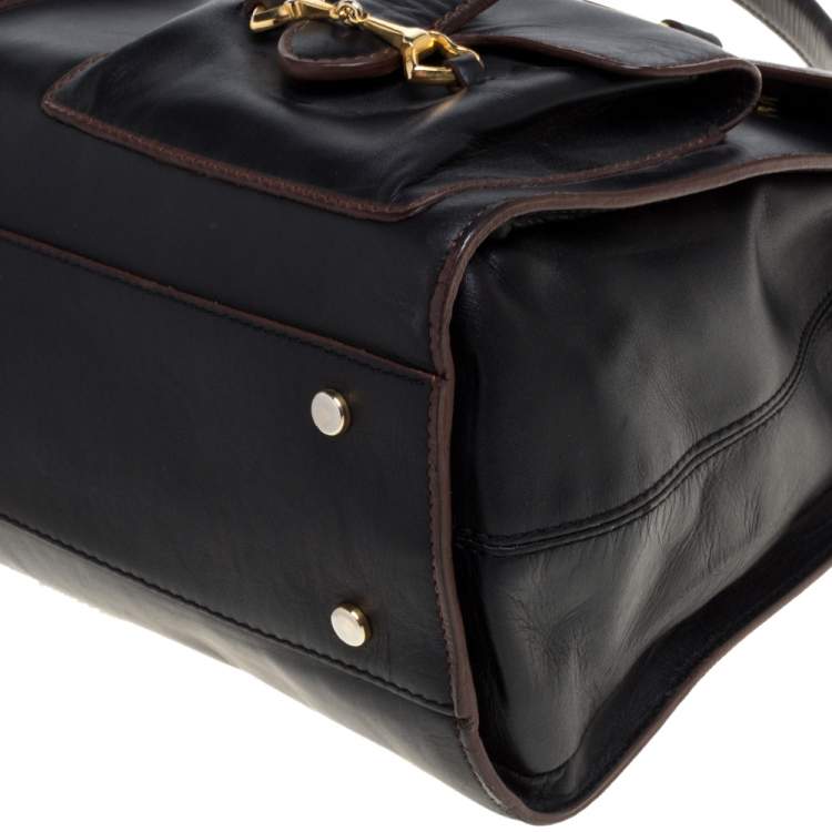 Pre Owned Moschino Black Leather Heart Buckle Double Flap Top Handle Bag