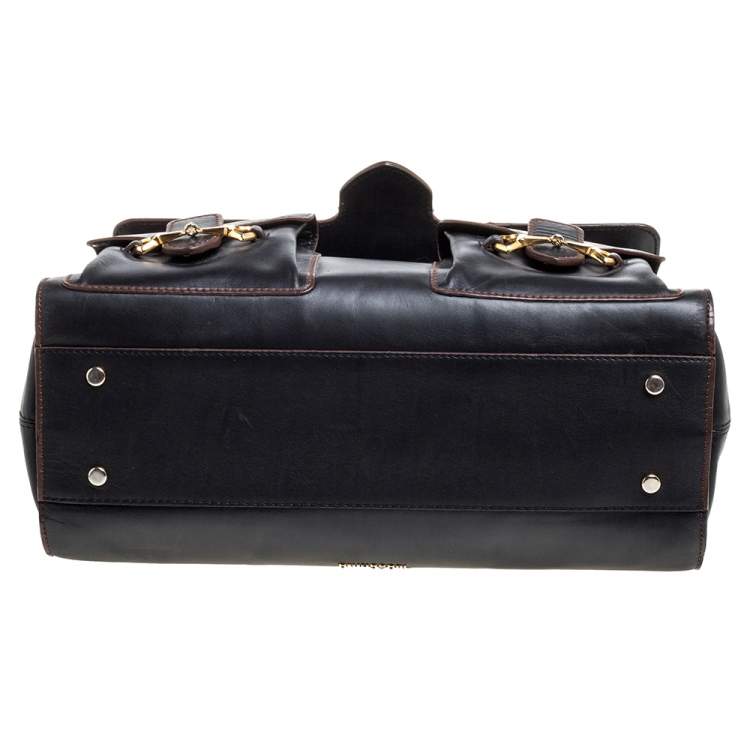 Pre Owned Moschino Black Leather Heart Buckle Double Flap Top Handle Bag