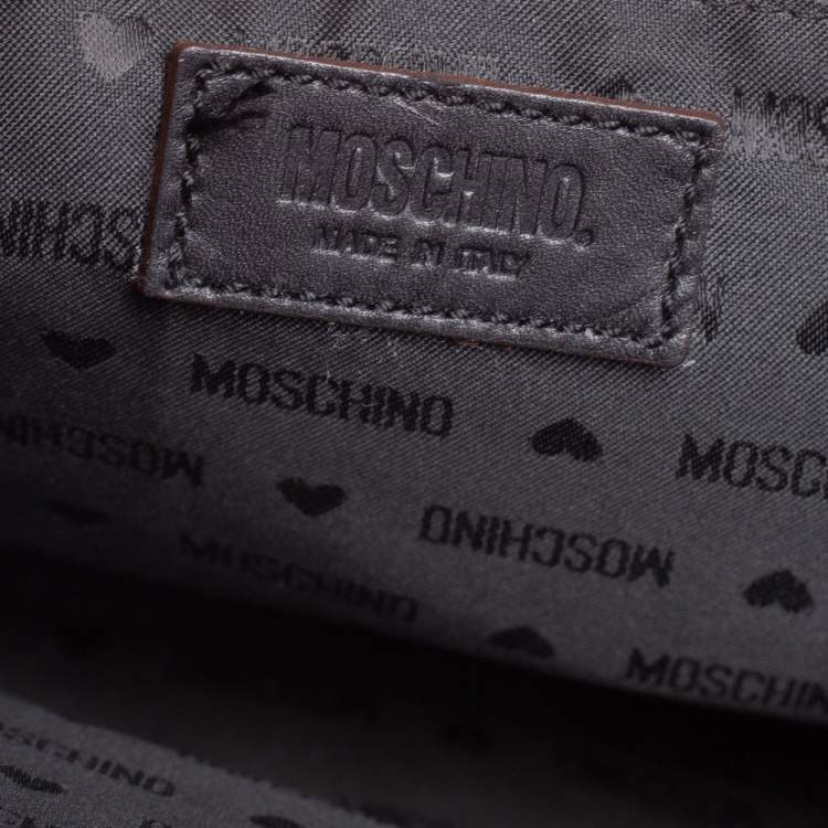 Pre Owned Moschino Black Leather Heart Buckle Double Flap Top Handle Bag