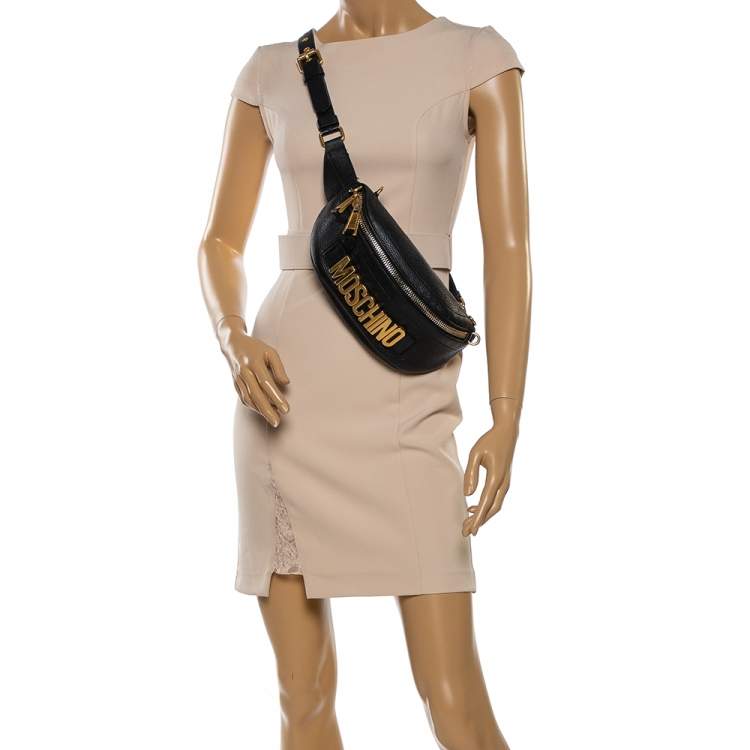 Pre Owned Moschino Black Pebbled Leather Logo Belt Bag