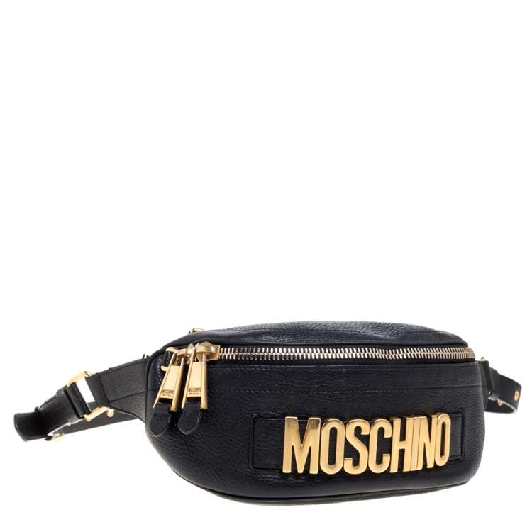 Pre Owned Moschino Black Pebbled Leather Logo Belt Bag