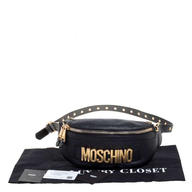 Pre Owned Moschino Black Pebbled Leather Logo Belt Bag