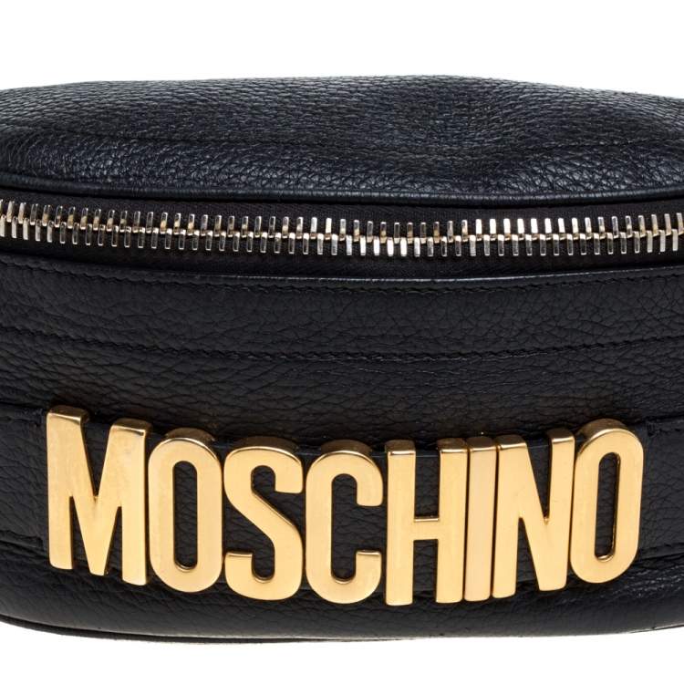 Pre Owned Moschino Black Pebbled Leather Logo Belt Bag
