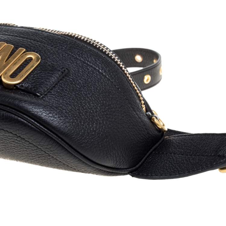Pre Owned Moschino Black Pebbled Leather Logo Belt Bag