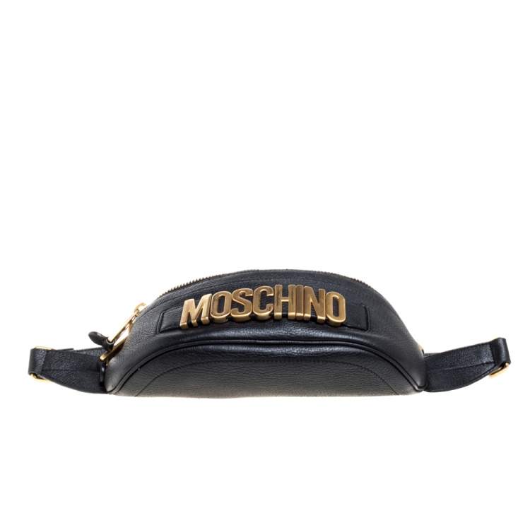 Pre Owned Moschino Black Pebbled Leather Logo Belt Bag