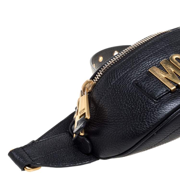 Pre Owned Moschino Black Pebbled Leather Logo Belt Bag