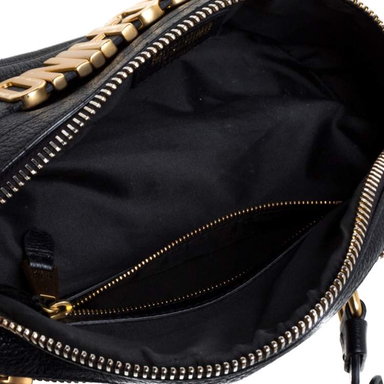 Pre Owned Moschino Black Pebbled Leather Logo Belt Bag