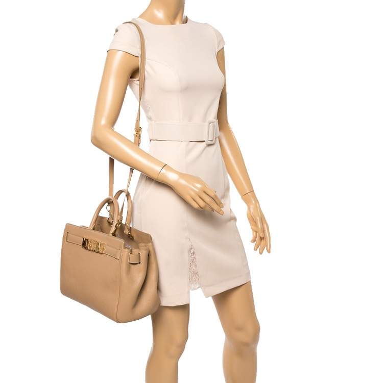 Pre Owned Moschino Beige Leather Logo Plaque Tote