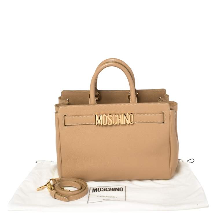 Pre Owned Moschino Beige Leather Logo Plaque Tote