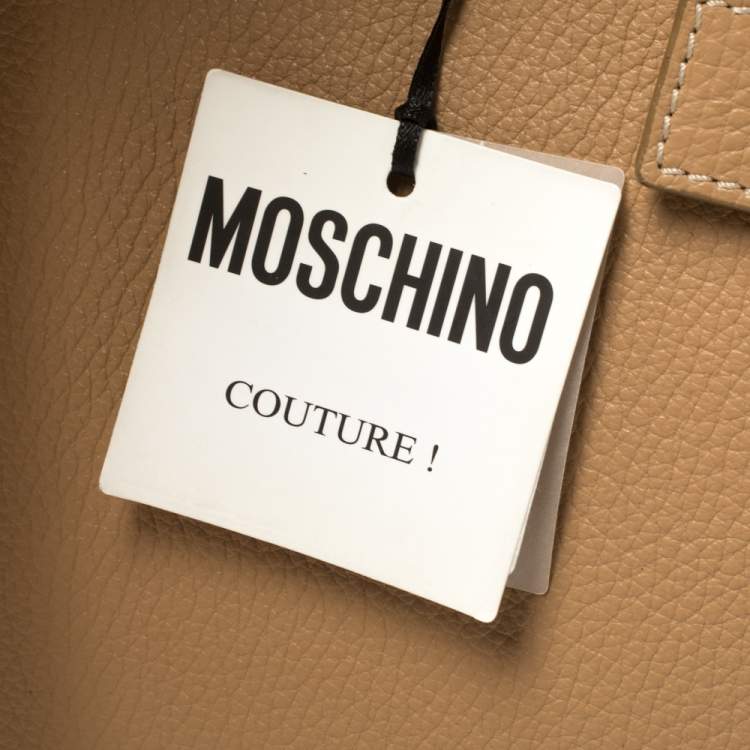 Pre Owned Moschino Beige Leather Logo Plaque Tote