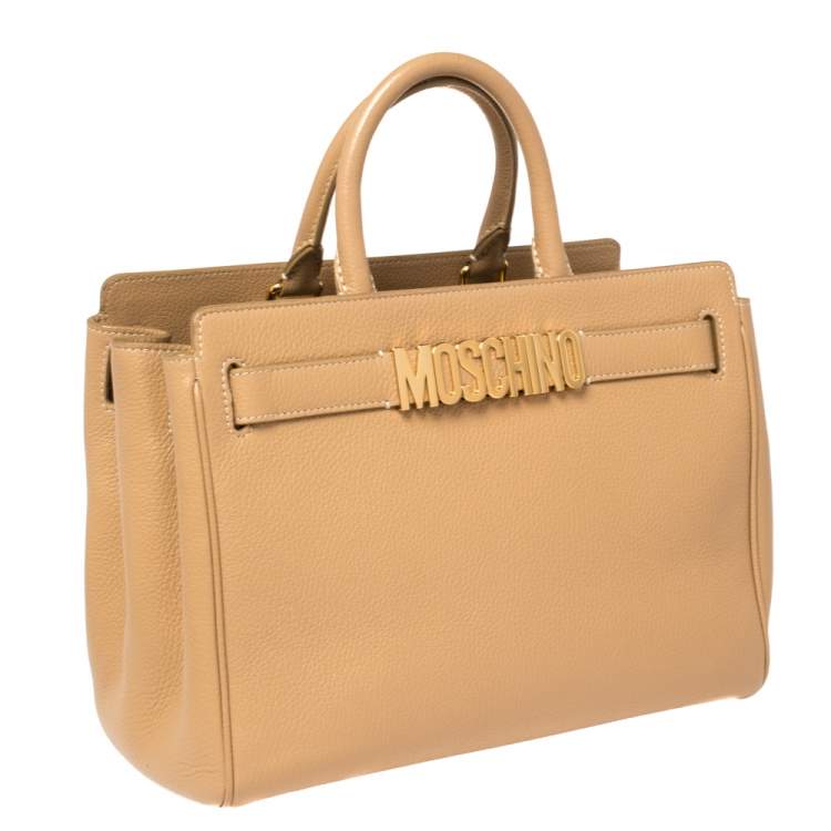 Pre Owned Moschino Beige Leather Logo Plaque Tote