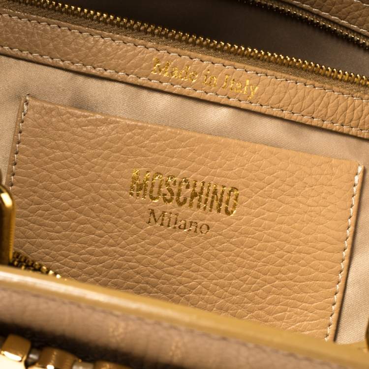 Pre Owned Moschino Beige Leather Logo Plaque Tote