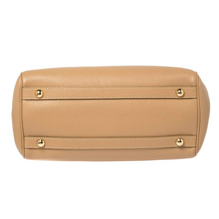 Pre Owned Moschino Beige Leather Logo Plaque Tote