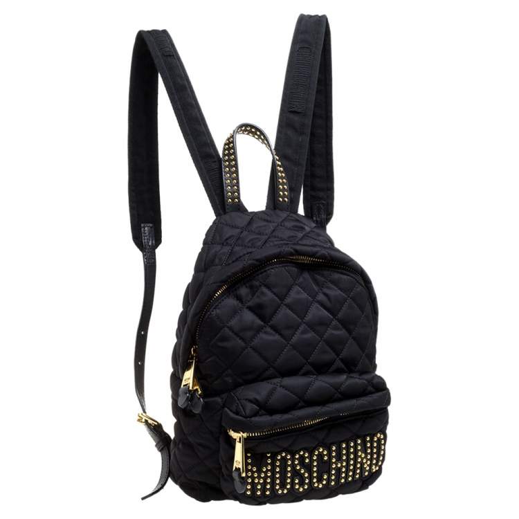 Pre Owned Moschino Black Nylon Quilted Logo Studded Backpack
