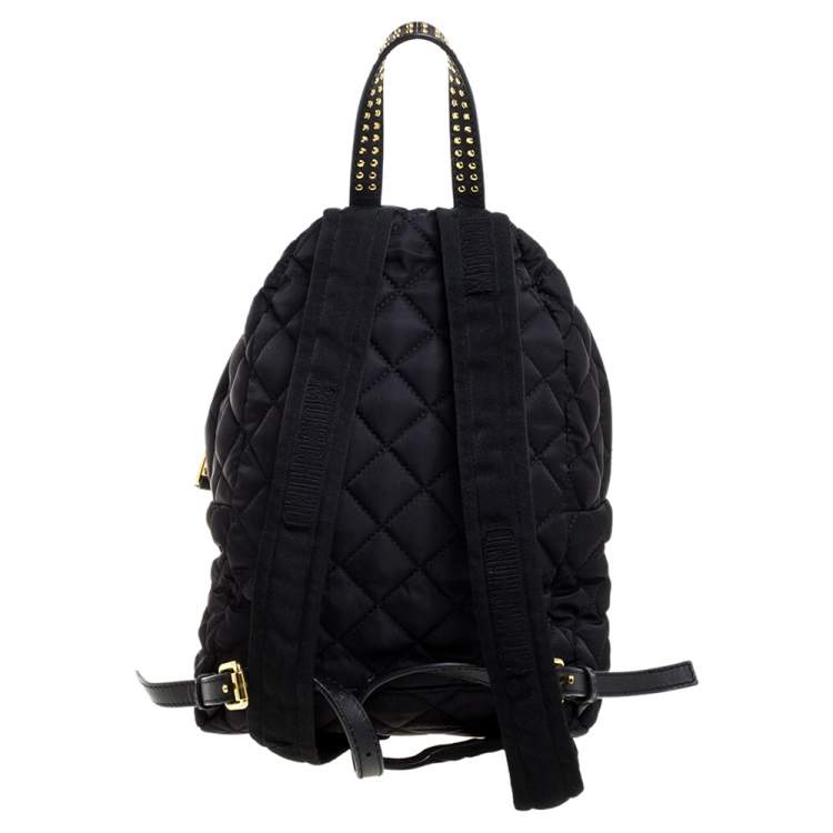 Pre Owned Moschino Black Nylon Quilted Logo Studded Backpack