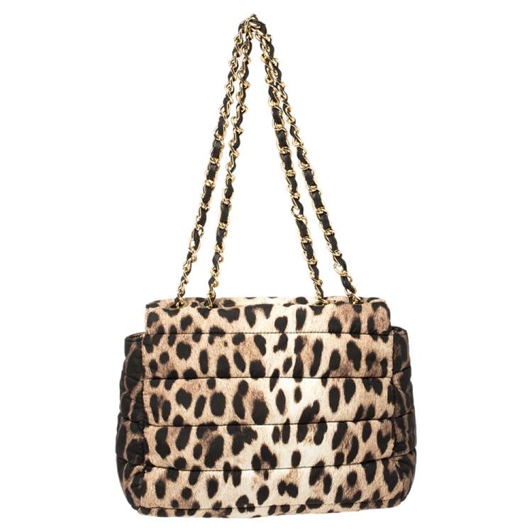 Pre Owned Moschino Brown Leopard Print Satin Flap Shoulder Bag