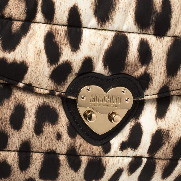 Pre Owned Moschino Brown Leopard Print Satin Flap Shoulder Bag
