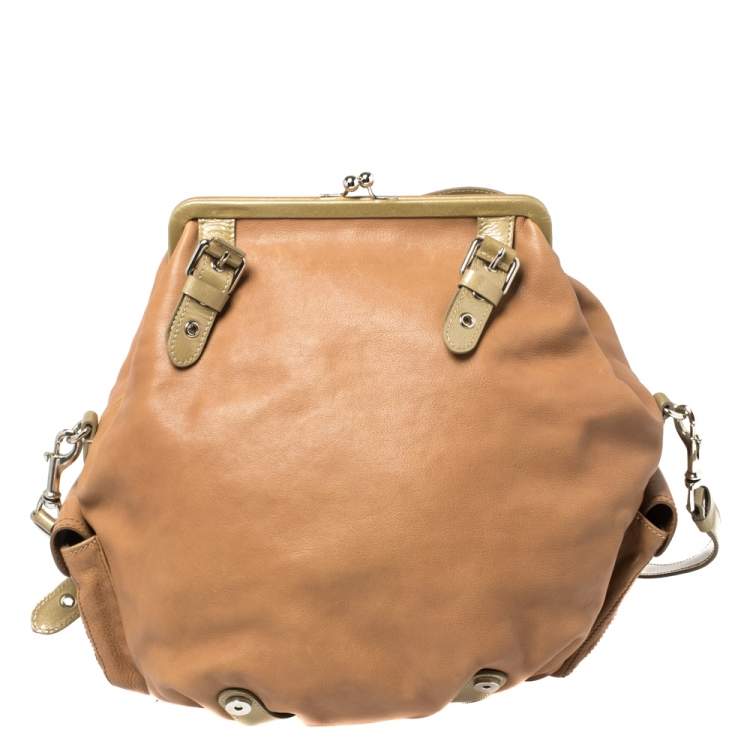 Pre Owned Moschino Brown/Green Patent and Leather Kisslock Frame Shoulder Bag