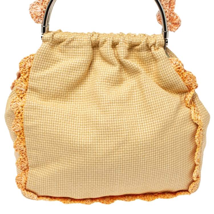 Pre Owned Moschino Cream Woven Straw Ruffle Frame Bag