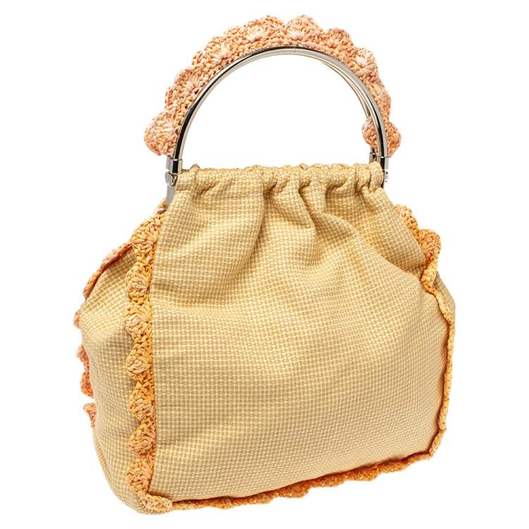 Pre Owned Moschino Cream Woven Straw Ruffle Frame Bag