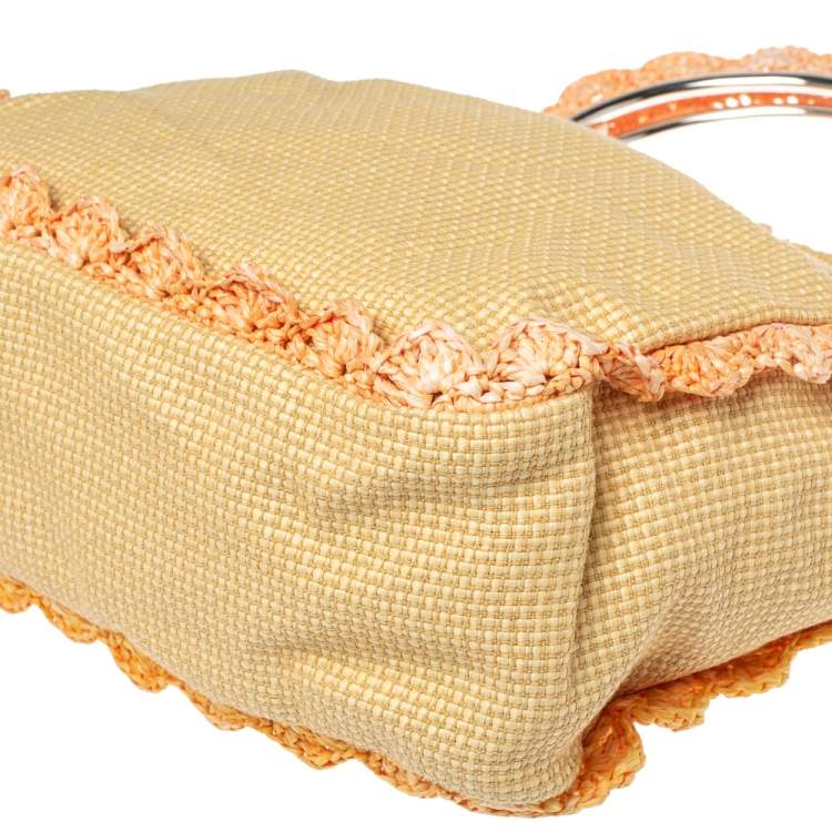 Pre Owned Moschino Cream Woven Straw Ruffle Frame Bag