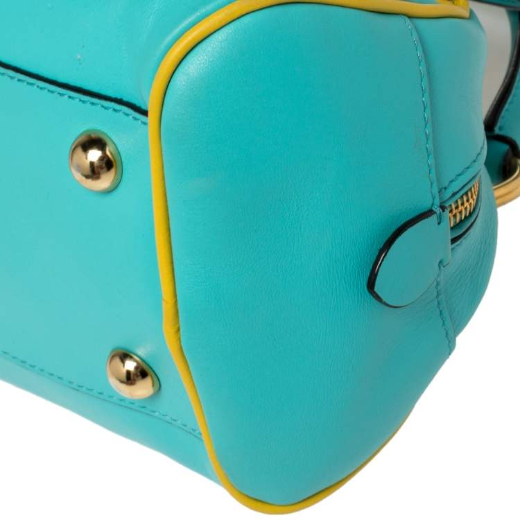 Pre Owned Moschino Turquoise/Yellow  Leather Logo Charm Satchel