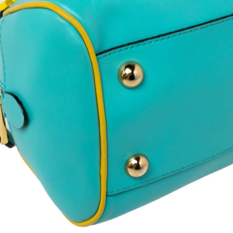 Pre Owned Moschino Turquoise/Yellow  Leather Logo Charm Satchel