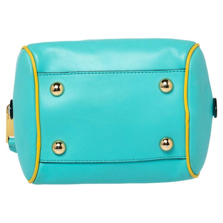 Pre Owned Moschino Turquoise/Yellow  Leather Logo Charm Satchel