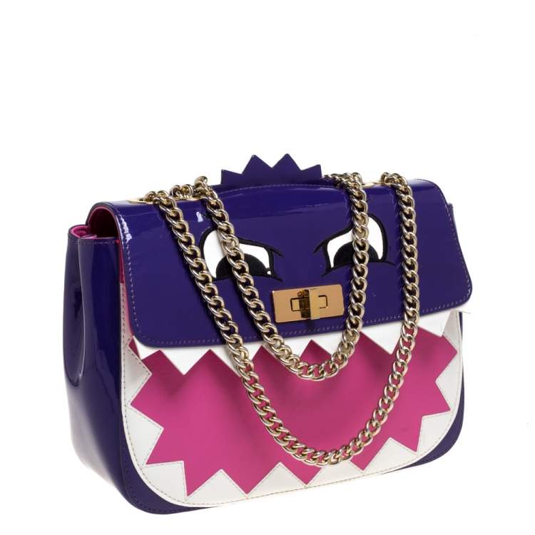 مملوكة مسبقًا Moschino Multicolor Patent Leather Bird Face Flap Shoulder Bag