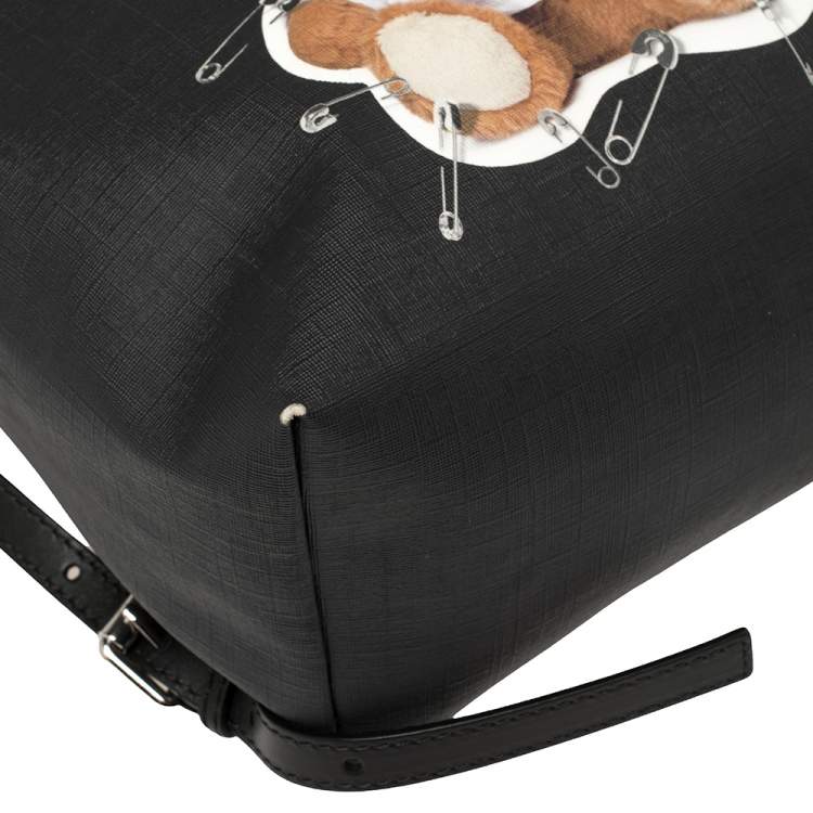 Pre Owned Moschino Black Faux Leather Small Safety Pin Teddy Backpack