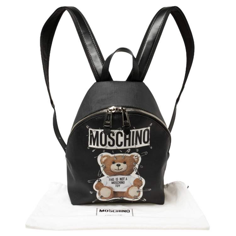 Pre Owned Moschino Black Faux Leather Small Safety Pin Teddy Backpack