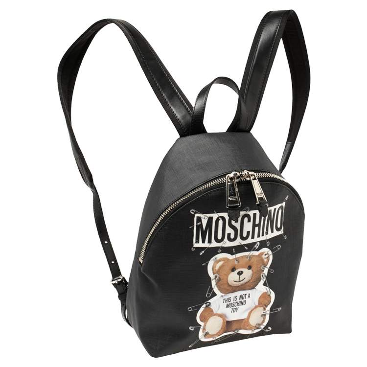Pre Owned Moschino Black Faux Leather Small Safety Pin Teddy Backpack