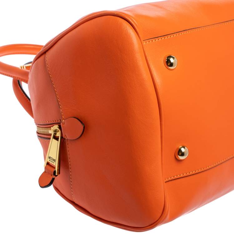 Pre Owned Moschino Orange Leather Logo Charm Bowling Bag