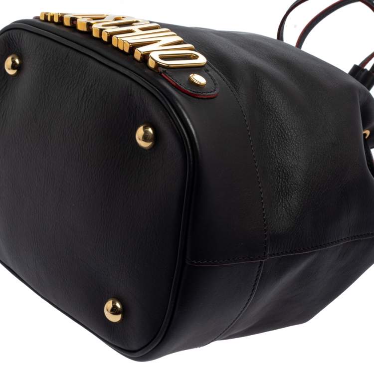 Pre Owned Moschino Black Leather Drawstring Bucket Bag