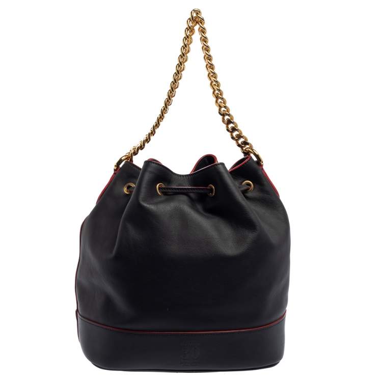 Pre Owned Moschino Black Leather Drawstring Bucket Bag