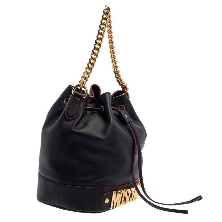 Pre Owned Moschino Black Leather Drawstring Bucket Bag