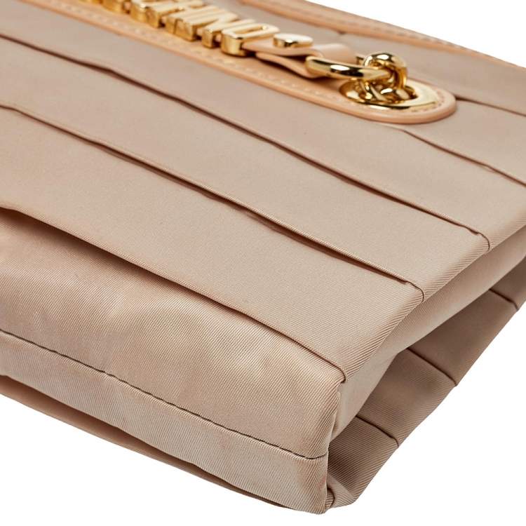Pre Owned Moschino Beige Pleated Fabric And Leather Logo Pouch Clutch