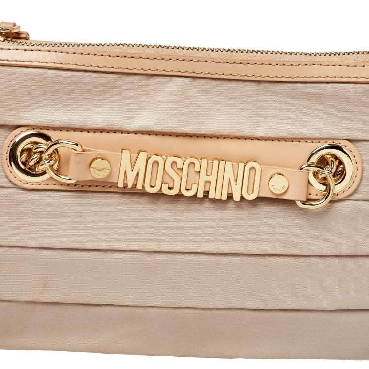 Pre Owned Moschino Beige Pleated Fabric And Leather Logo Pouch Clutch