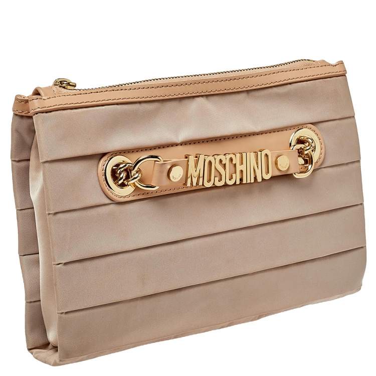 Pre Owned Moschino Beige Pleated Fabric And Leather Logo Pouch Clutch