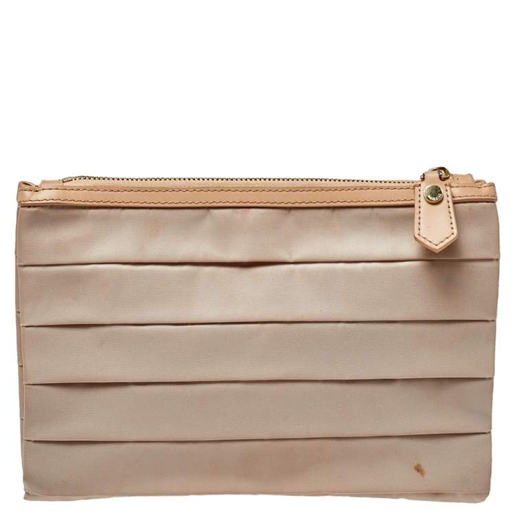 Pre Owned Moschino Beige Pleated Fabric And Leather Logo Pouch Clutch