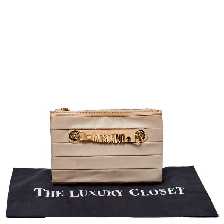 Pre Owned Moschino Beige Pleated Fabric And Leather Logo Pouch Clutch