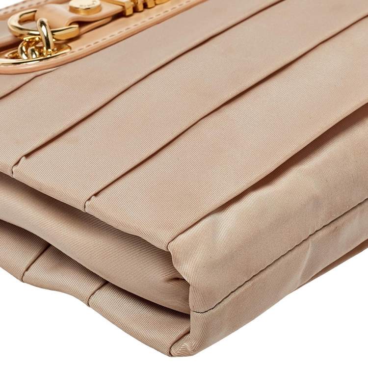 Pre Owned Moschino Beige Pleated Fabric And Leather Logo Pouch Clutch