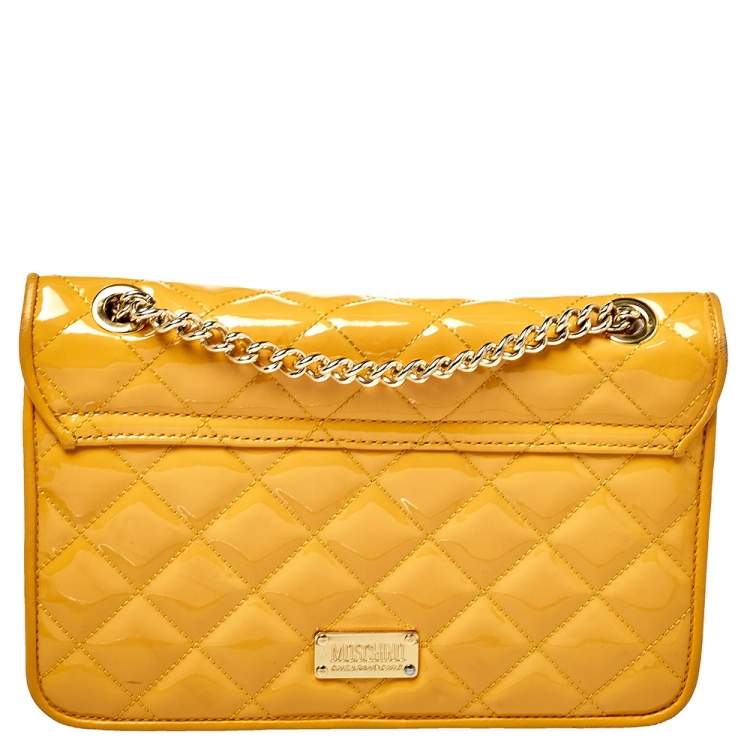 Pre Owned Moschino Yellow Quilted Patent Leather Crossbody Bag