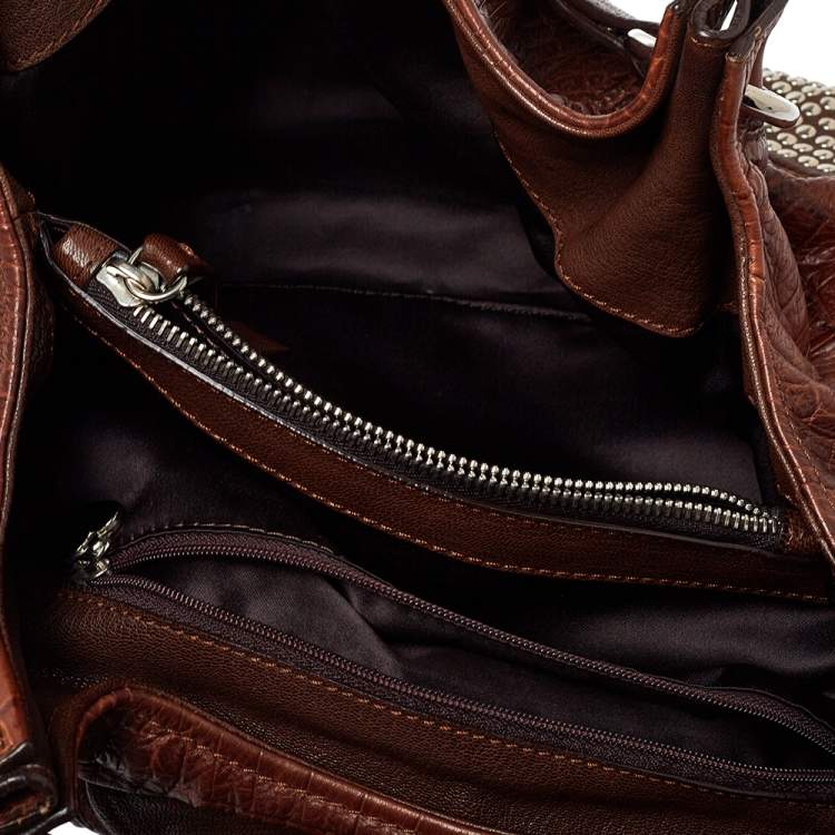 Pre Owned Moschino Brown Croc Embossed Leather Studded Shoulder Bag