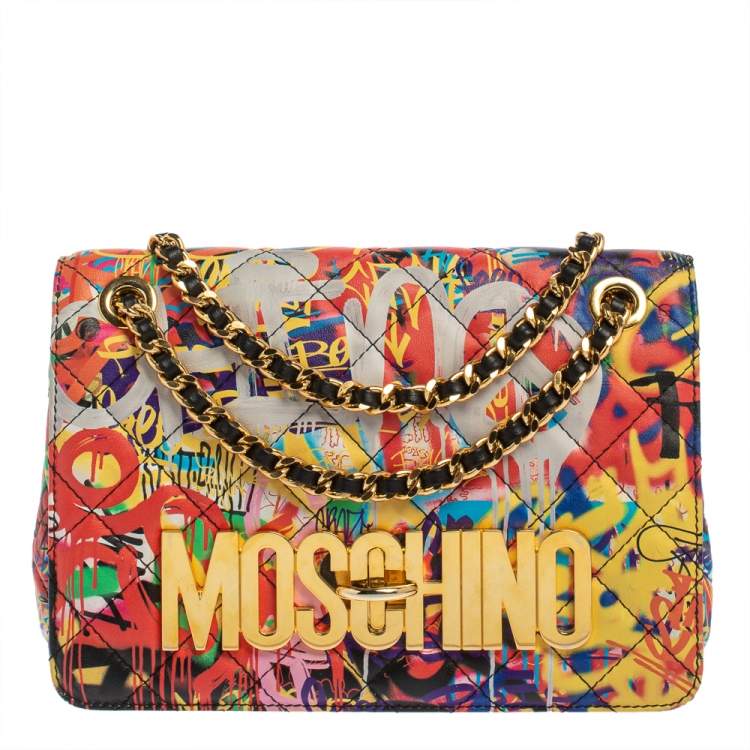 Multicolor Graffiti Print Medium Flap Handbag