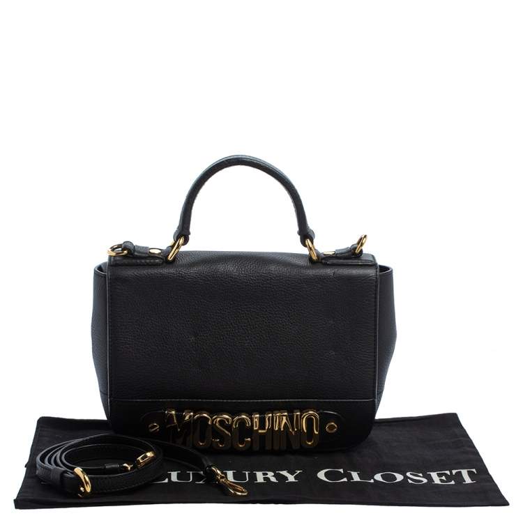 Pre Owned Moschino Black Leather Logo Flap Top Handle Bag