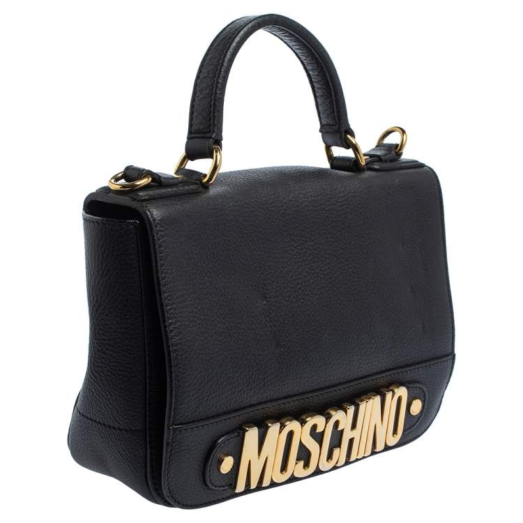 Pre Owned Moschino Black Leather Logo Flap Top Handle Bag