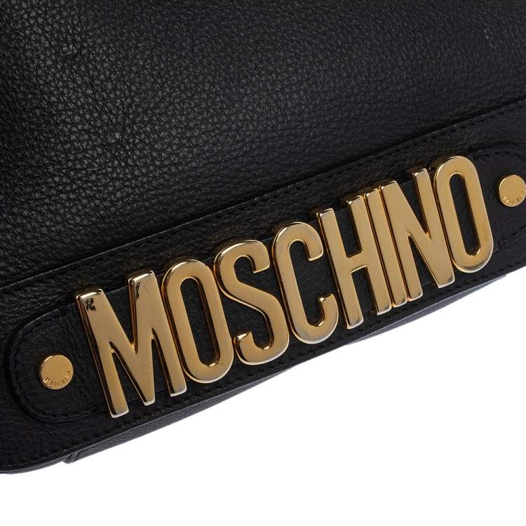 Pre Owned Moschino Black Leather Logo Flap Top Handle Bag